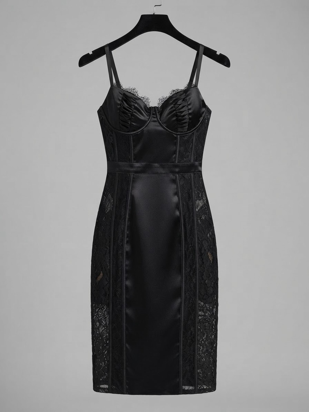 Fashion Nova Black Lace-Panel Satin Midi Dress